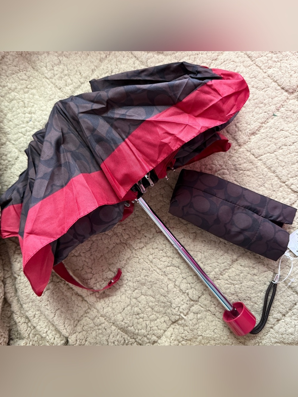Coach Foldable Umbrella in Red and Brown Signature with sleeve Print NWT
